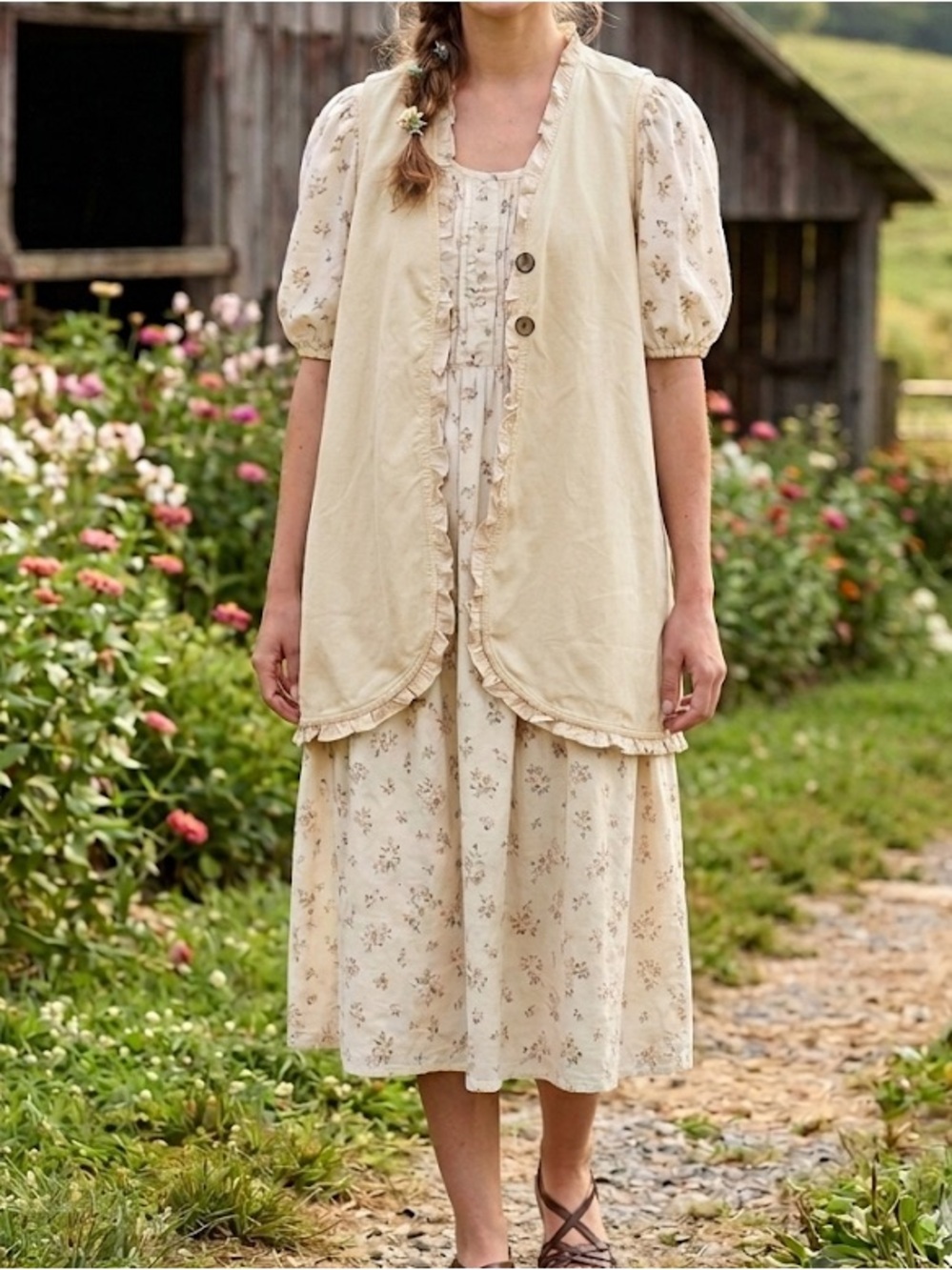 April Cornell Linen Vest Ruffle Cream Beige Size Small Cottagecore Farmhouse